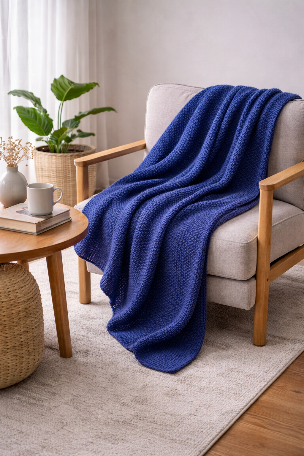 Deep Blue Cotton Knit Throw